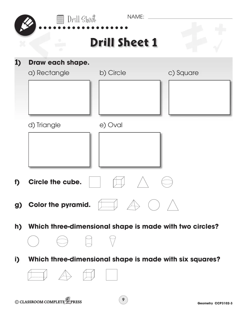 Drill Sheet 1 asks students to draw five flat shapes and identify a cube, pyramid, cylinder, and solid shape faces