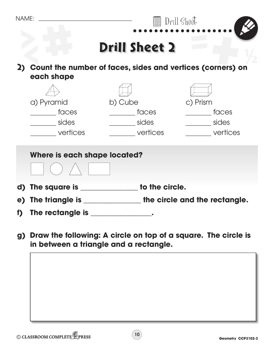 Drill Sheet 2 asks students to count faces, sides, and vertices of solids, locate shapes, and draw by position