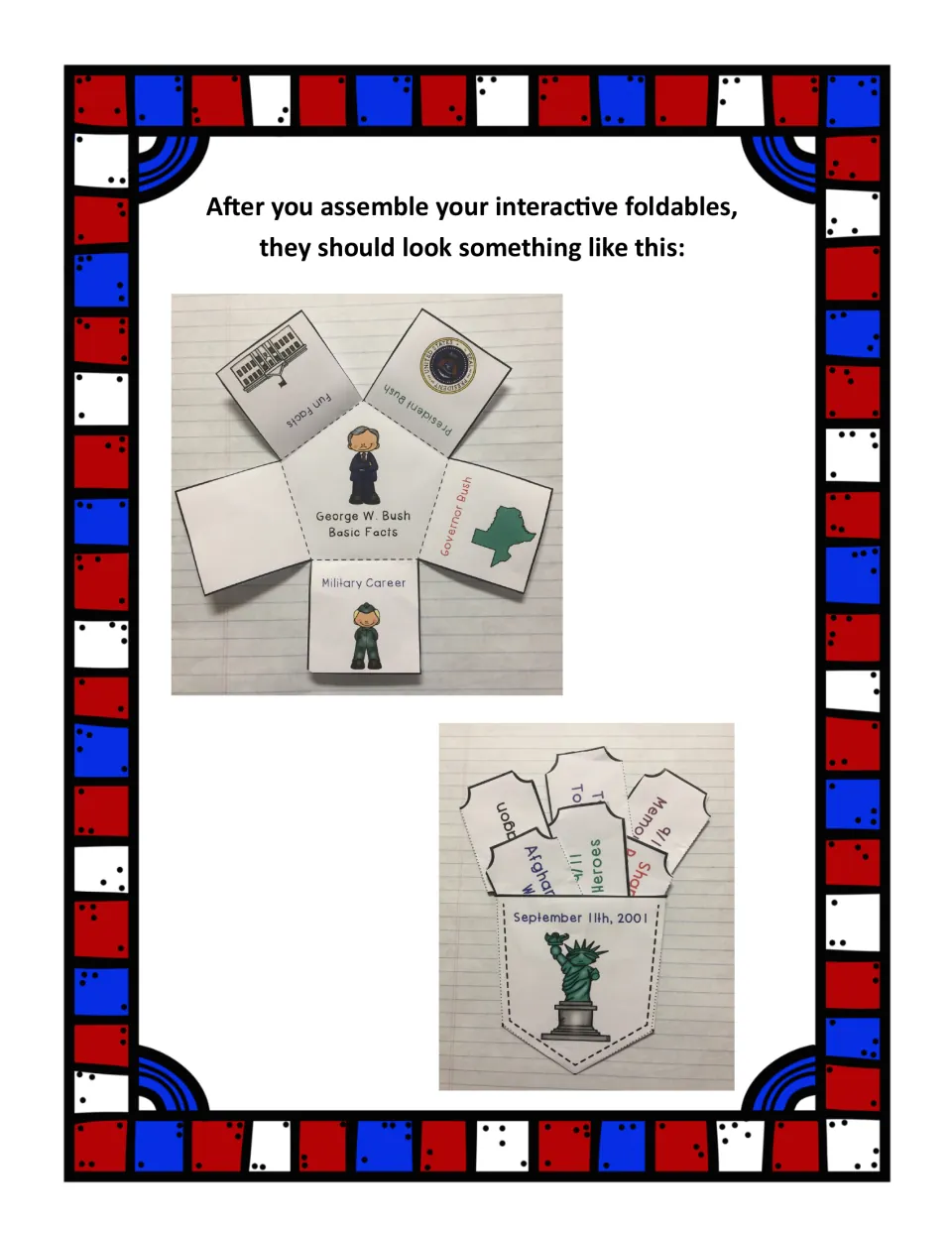 Completed examples show the five-flap Bush facts booklet and September 11 pocket holding mini booklets