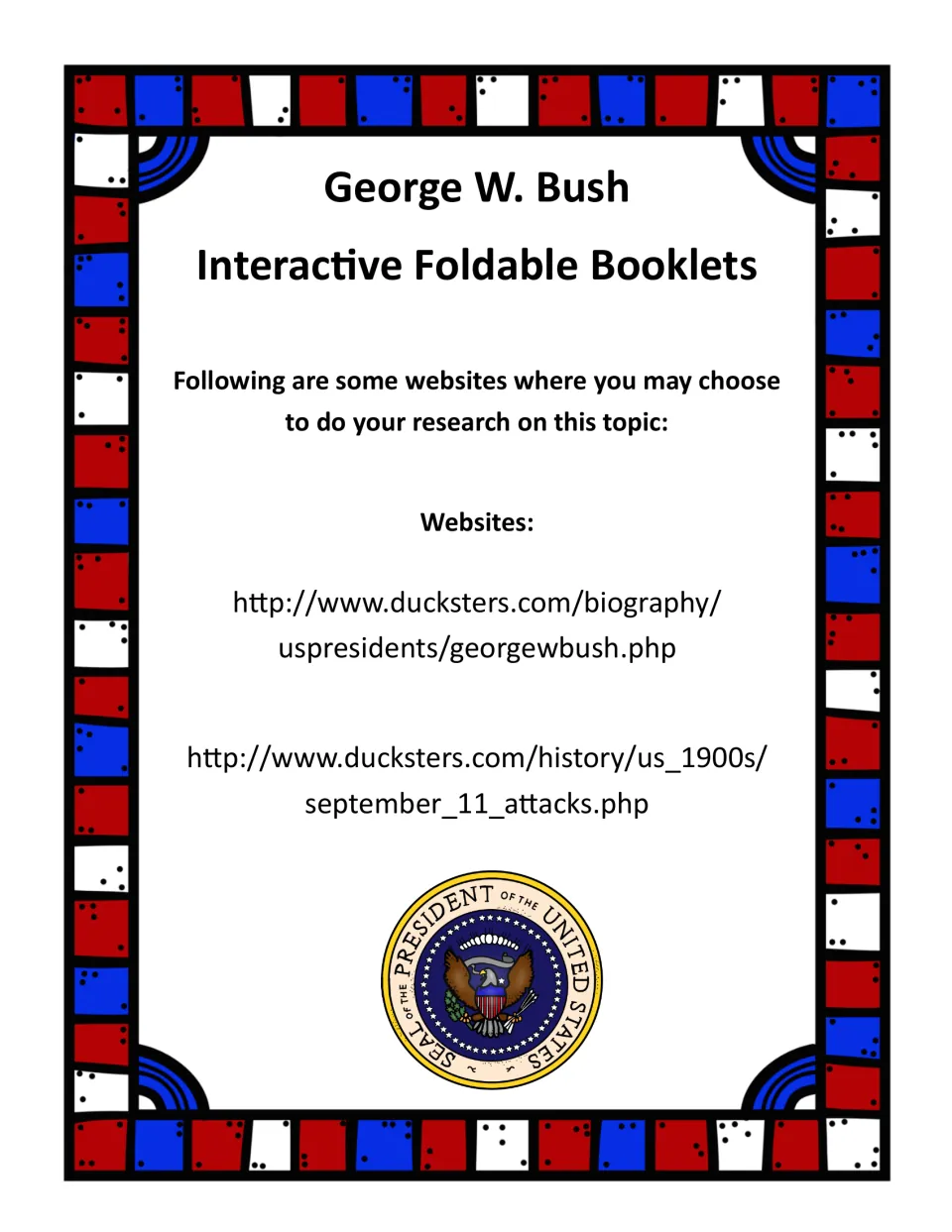 Research resource page lists two Ducksters websites about George W. Bush and the September 11 attacks