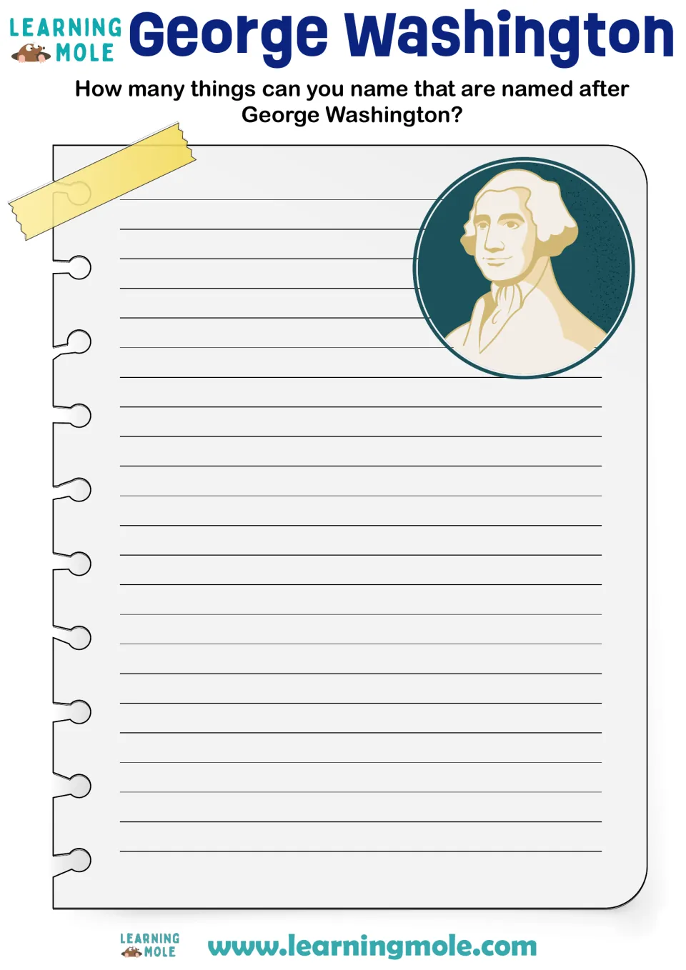 Activity sheet asking students how many things they can name that are named after George Washington.