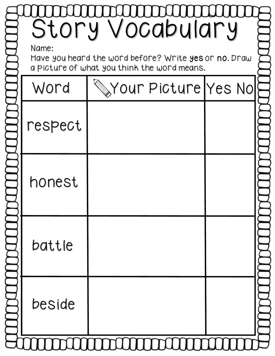 Story vocabulary activity asks students to draw meanings for respect, honest, battle, and beside