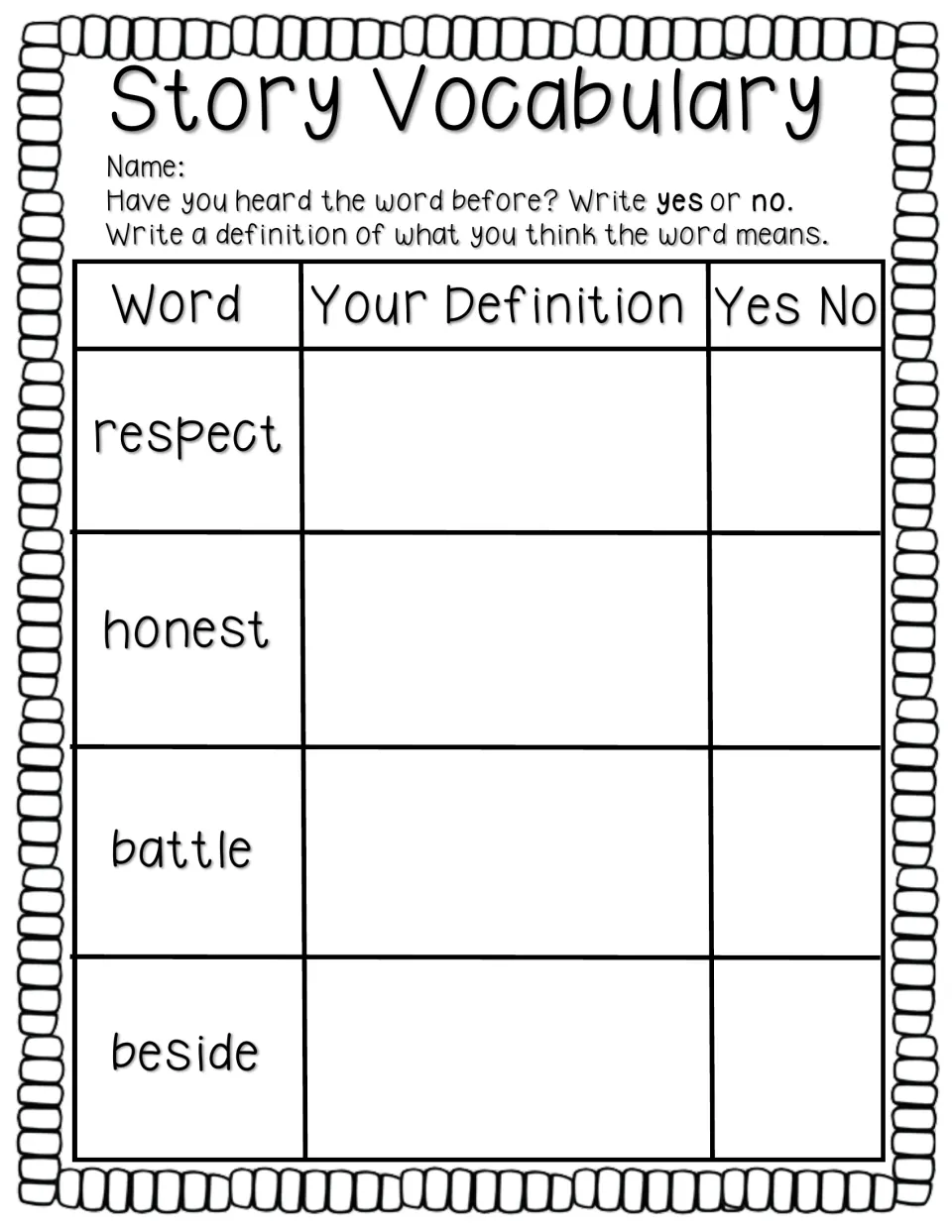 Story vocabulary activity asks students to write definitions for respect, honest, battle, and beside