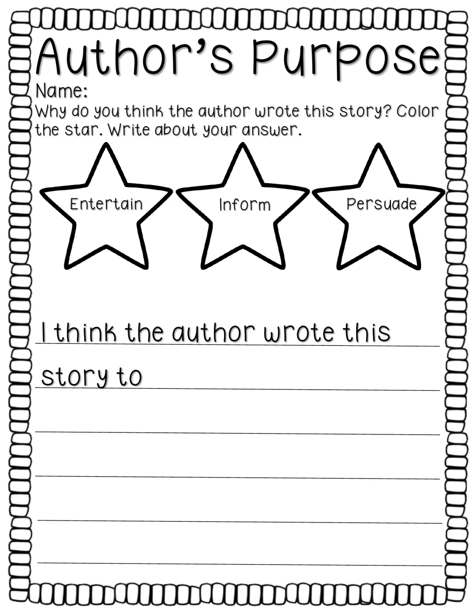 Author’s purpose activity asks students to choose entertain, inform, or persuade and explain their answer