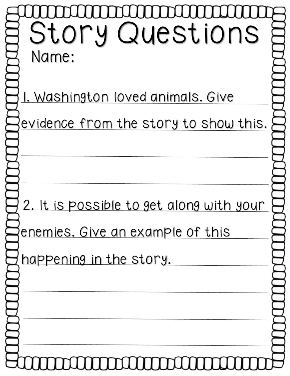 Story questions 1–2 ask for evidence of Washington’s love of animals and an example of enemies getting along