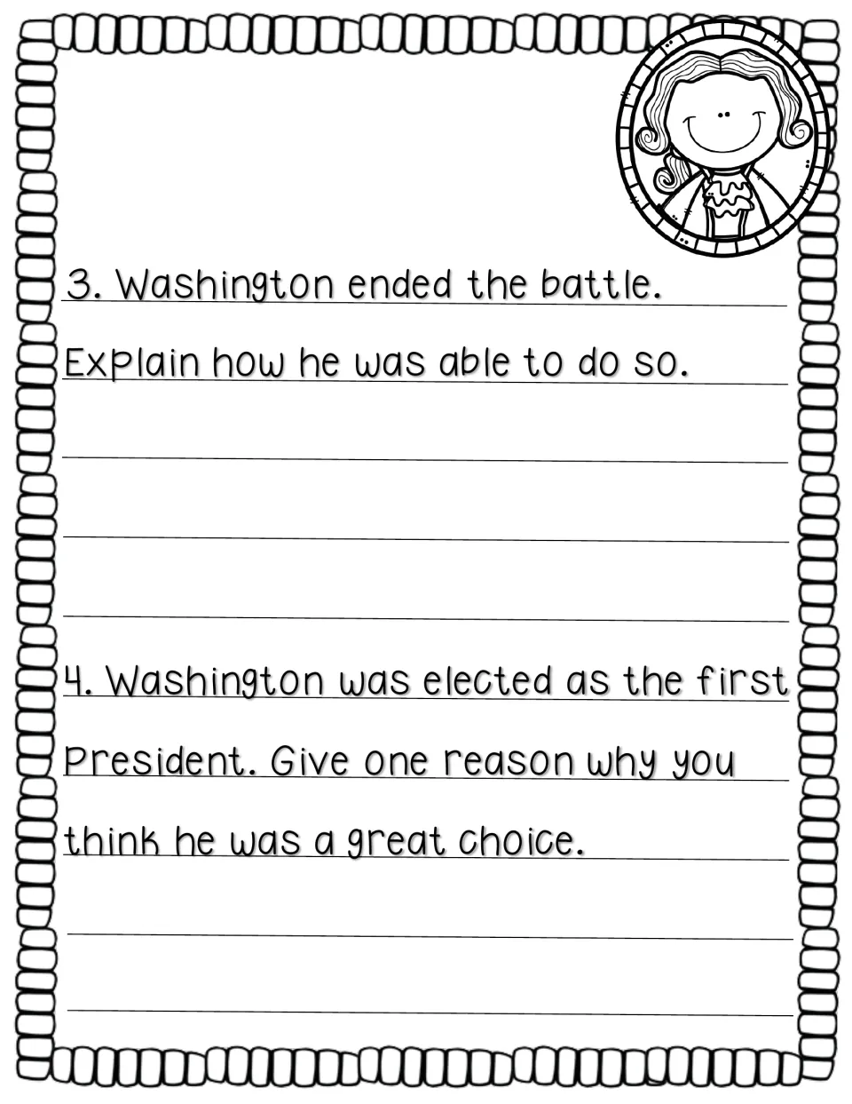 Story questions 3–4 ask how Washington ended the battle and why he was a good choice for first president