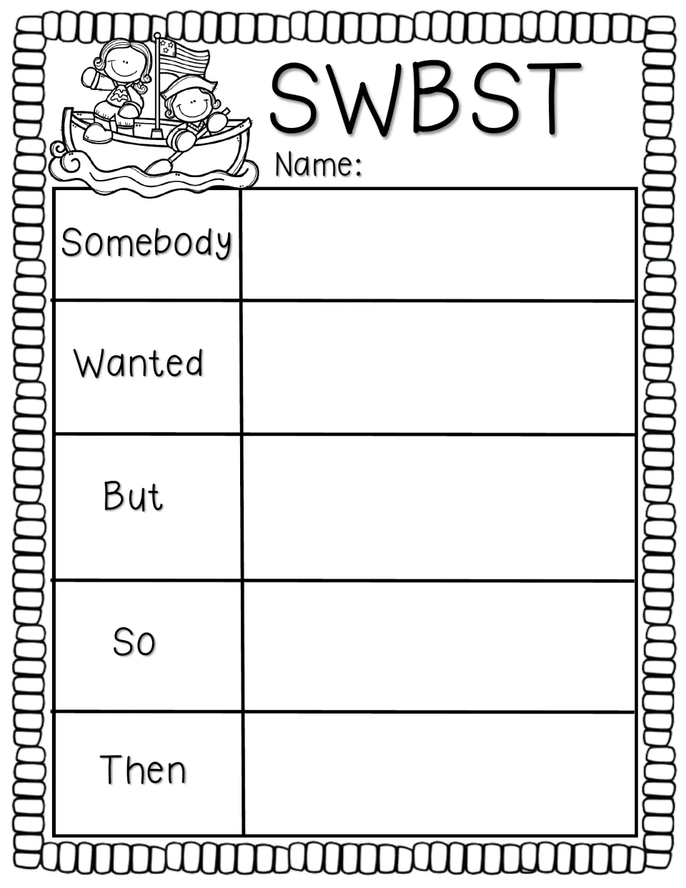 SWBST story summary organizer asks students to complete Somebody, Wanted, But, So, and Then for the book
