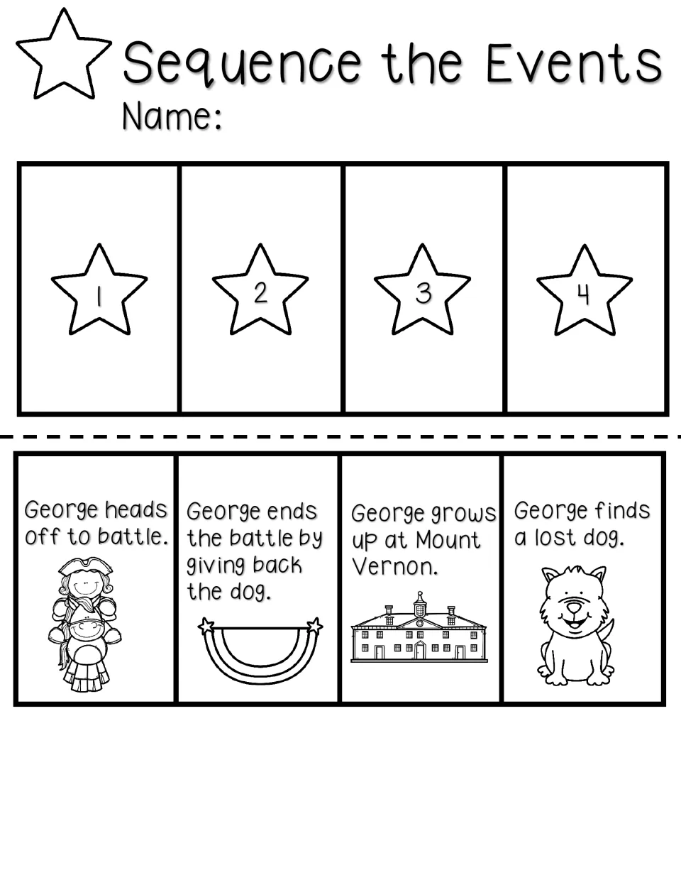 Sequencing activity has four events to cut out: growing up, heading to battle, finding a dog, and returning it
