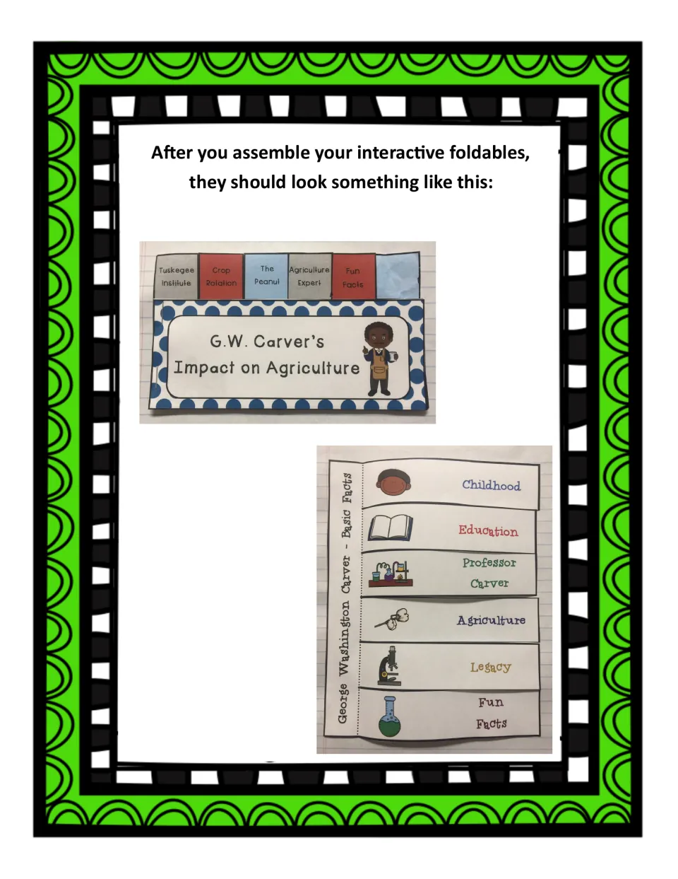 Assembly examples show the completed Carver agriculture booklet and the six-flap basic facts booklet
