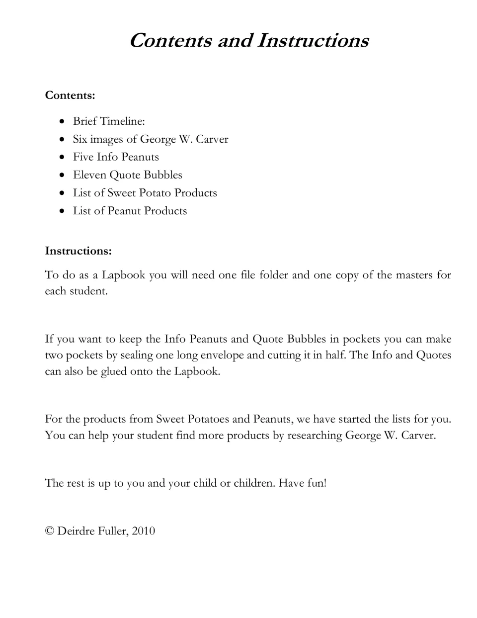 Lapbook contents and assembly instructions explain file folders, optional envelope pockets, and product research.