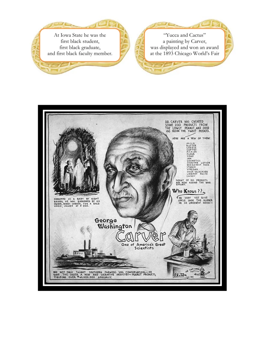 Lapbook fact cards 1–2 cover Carver's Iowa State milestones and award-winning painting, above an illustrated tribute.
