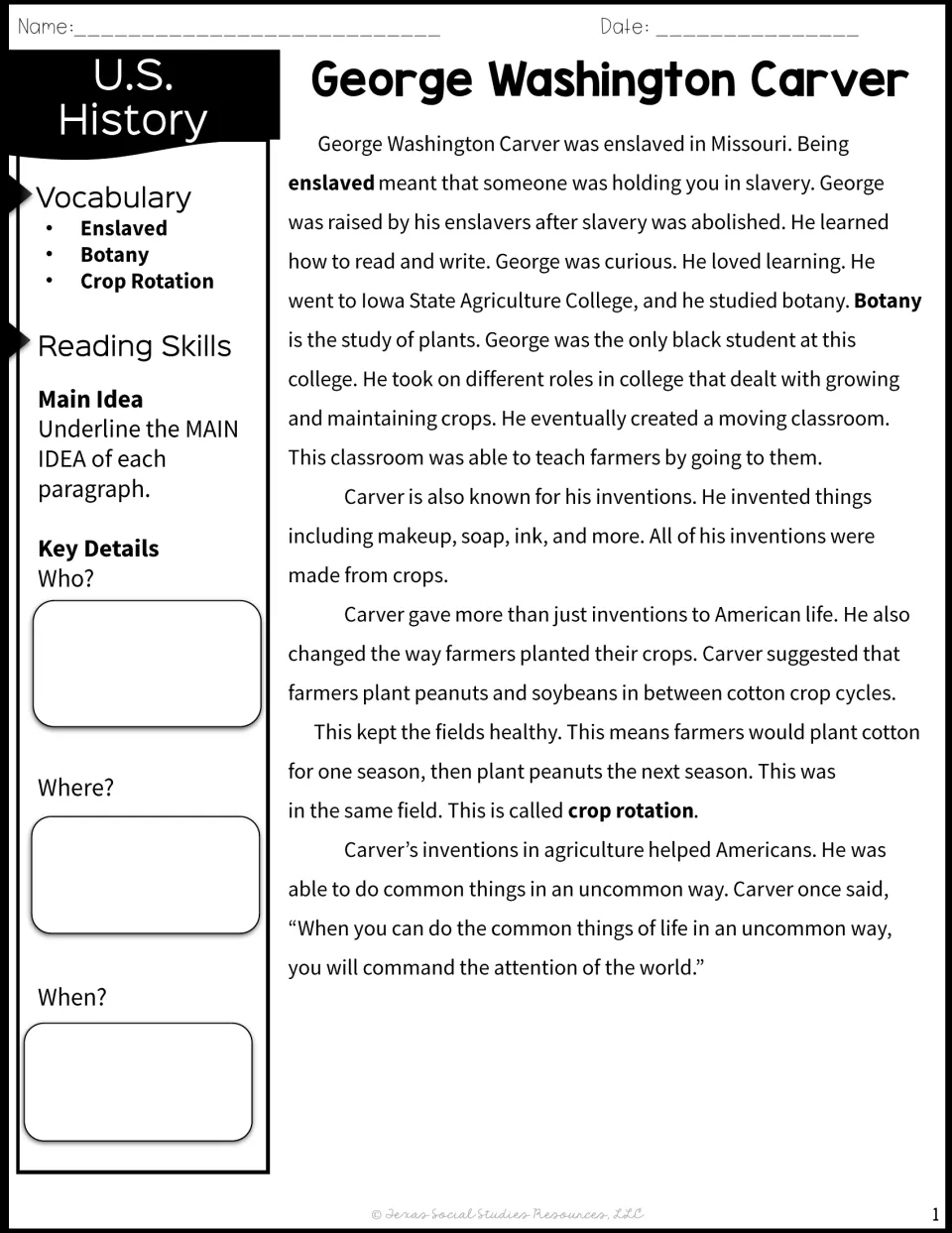 Biographical passage covers Carver’s education, inventions, and crop rotation, with vocabulary and main idea tasks.