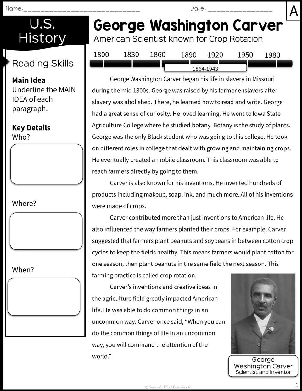 Reading passage A introduces Carver’s life, inventions, and crop rotation, with main idea and detail tasks.