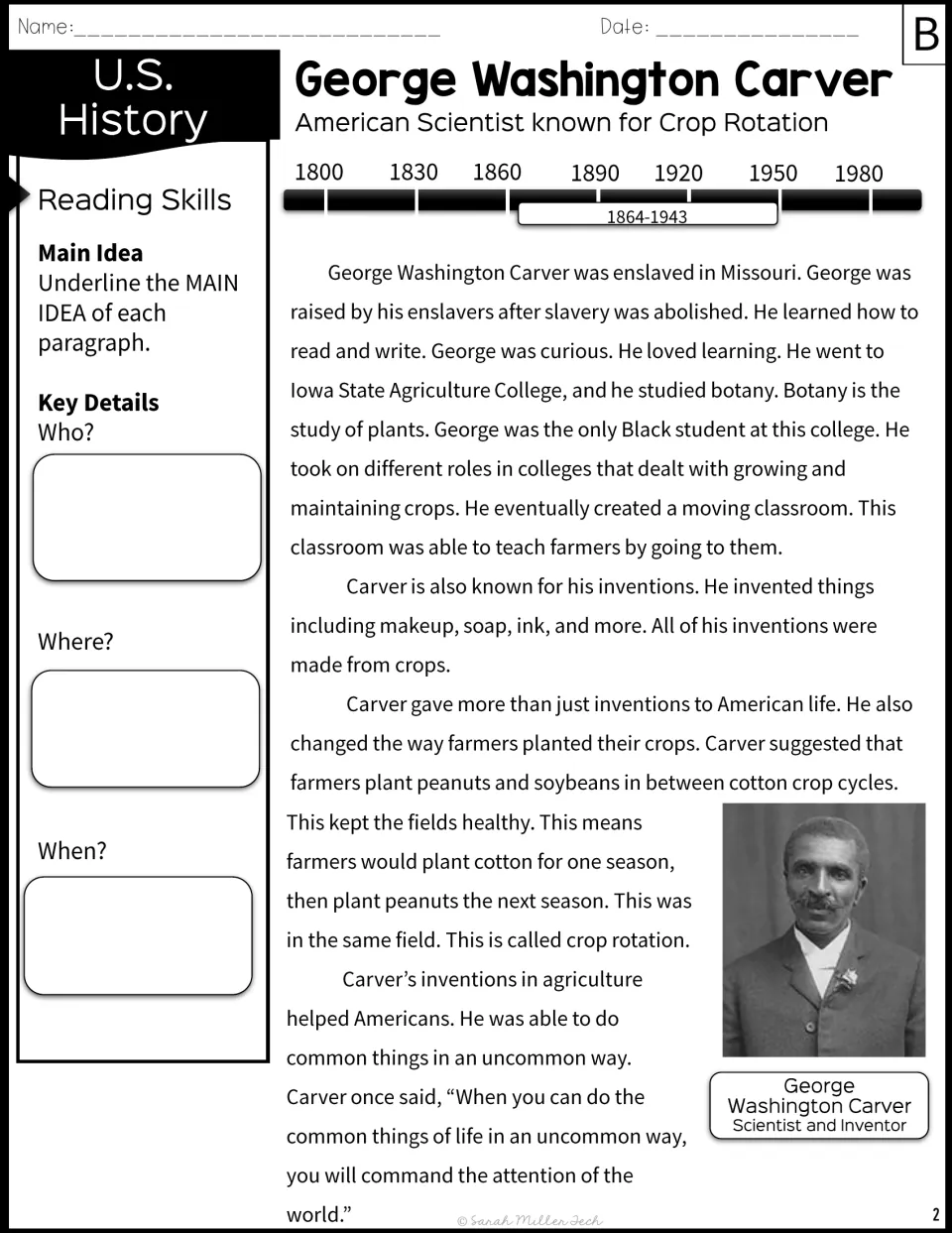 Reading passage B uses shorter sentences about Carver’s education, inventions, and work helping farmers.