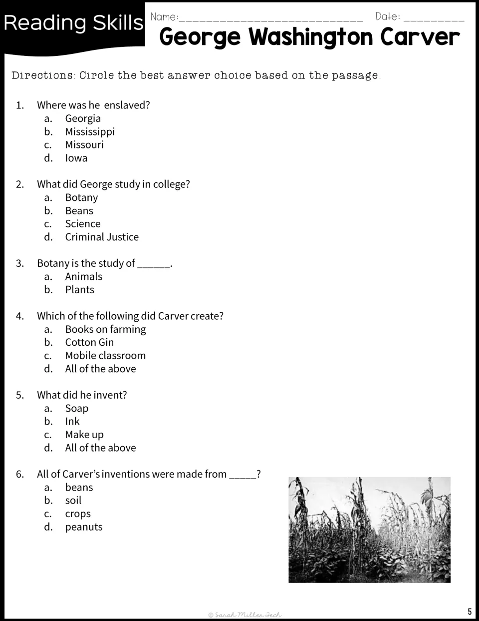 Comprehension questions 1–6 ask about Carver’s enslavement, botany studies, mobile classroom, and inventions.