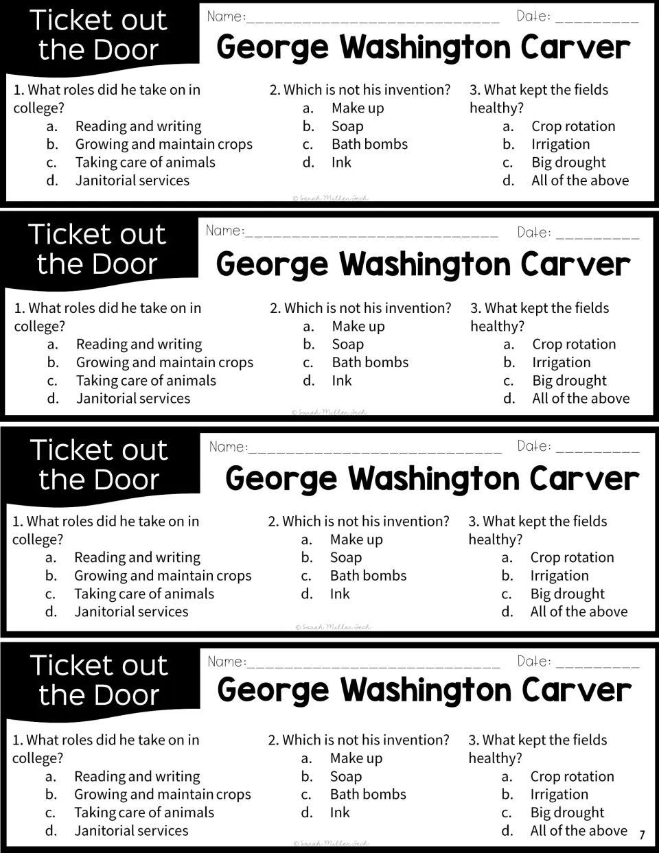 Four identical exit tickets each ask three questions about Carver’s college roles, inventions, and crop rotation.