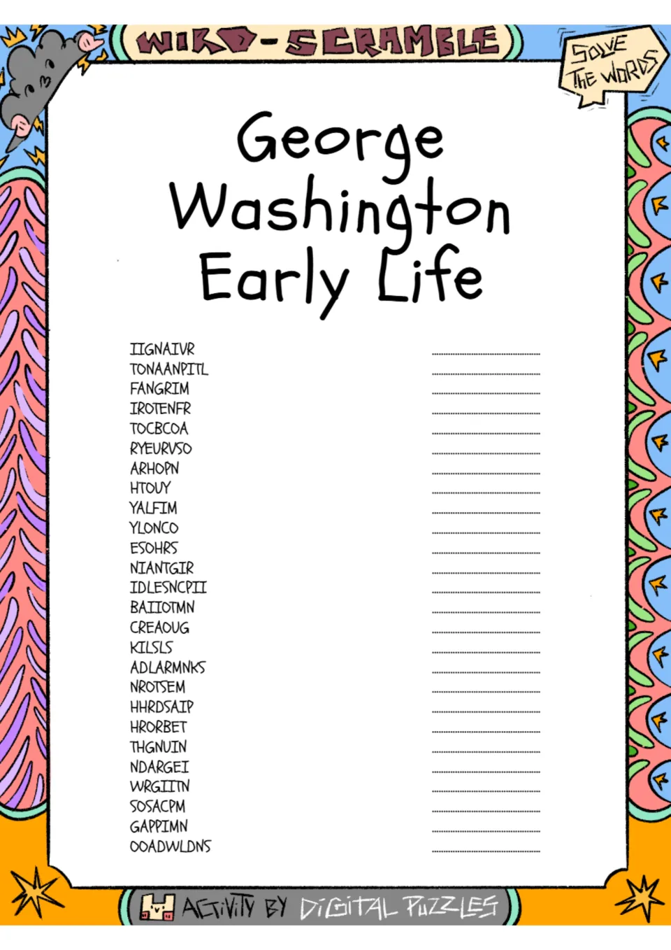 George Washington's early life word scramble: students unscramble 26 words such as Virginia, tobacco and surveyor