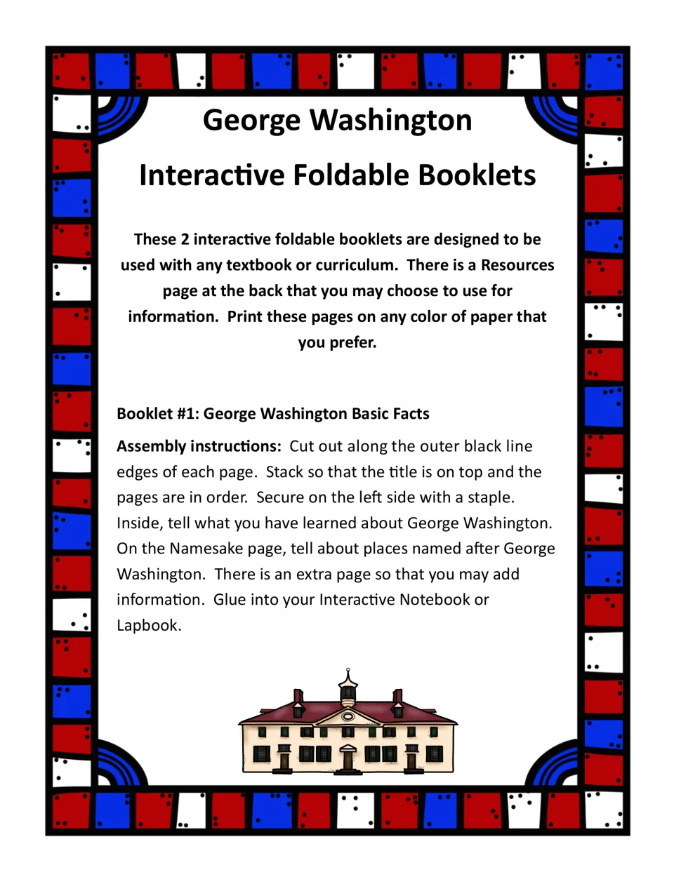 Basic-facts booklet instructions: cut, stack, staple, and write about Washington, including places named for him