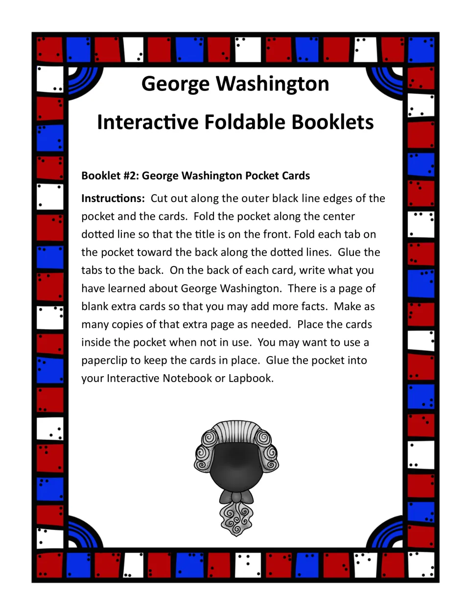 Pocket-card instructions: cut and fold the pocket, glue tabs, write facts on card backs, and store cards inside