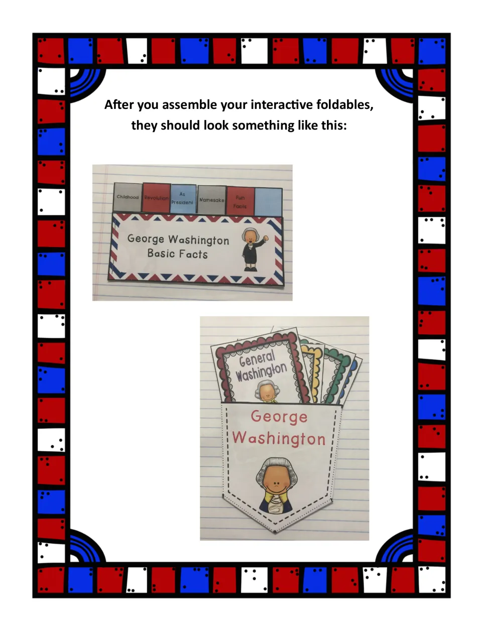Assembly examples show the completed Washington basic-facts booklet and topic cards stored in the folded pocket