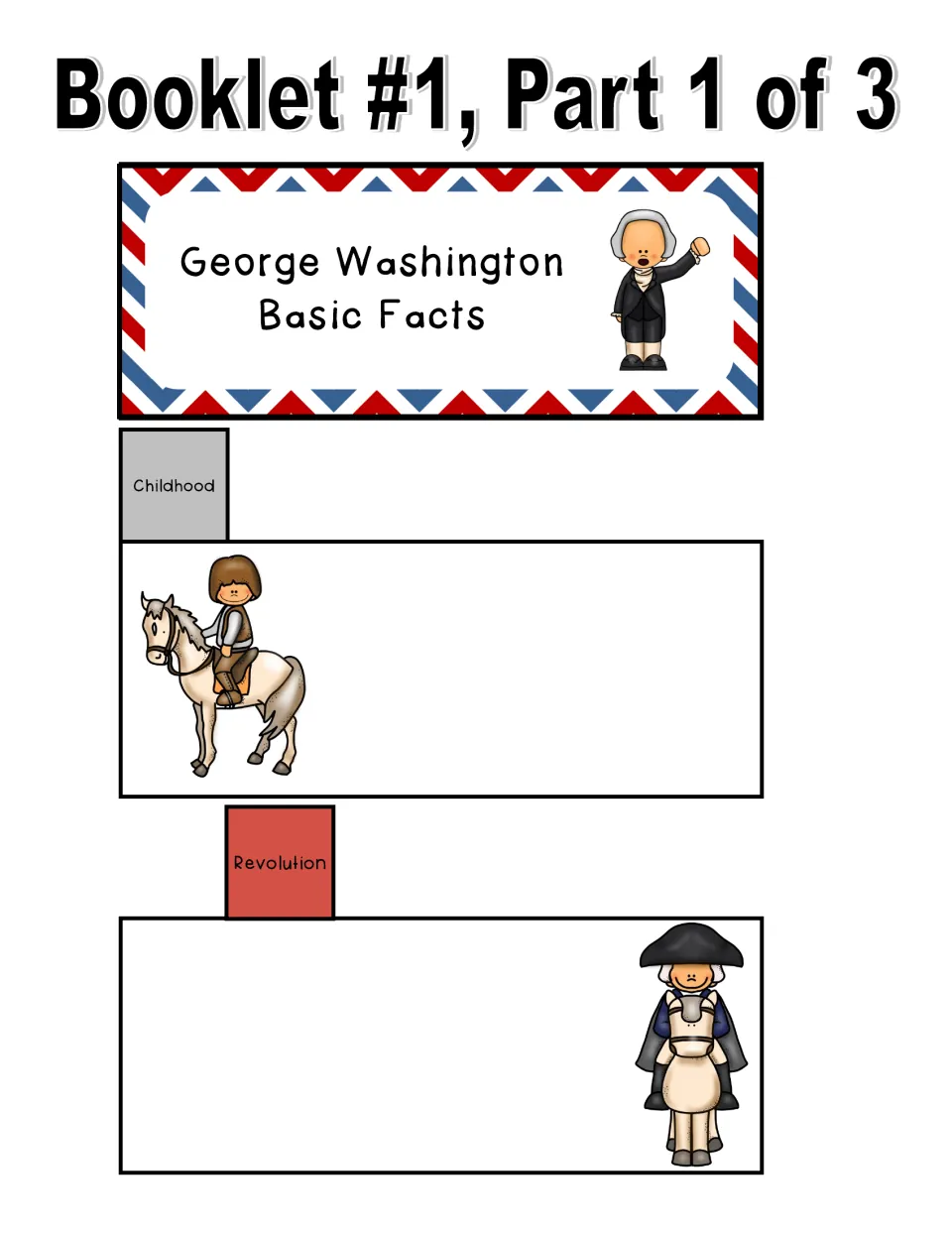 Basic-facts booklet template, part 1 of 3: George Washington title cover and Childhood and Revolution pages