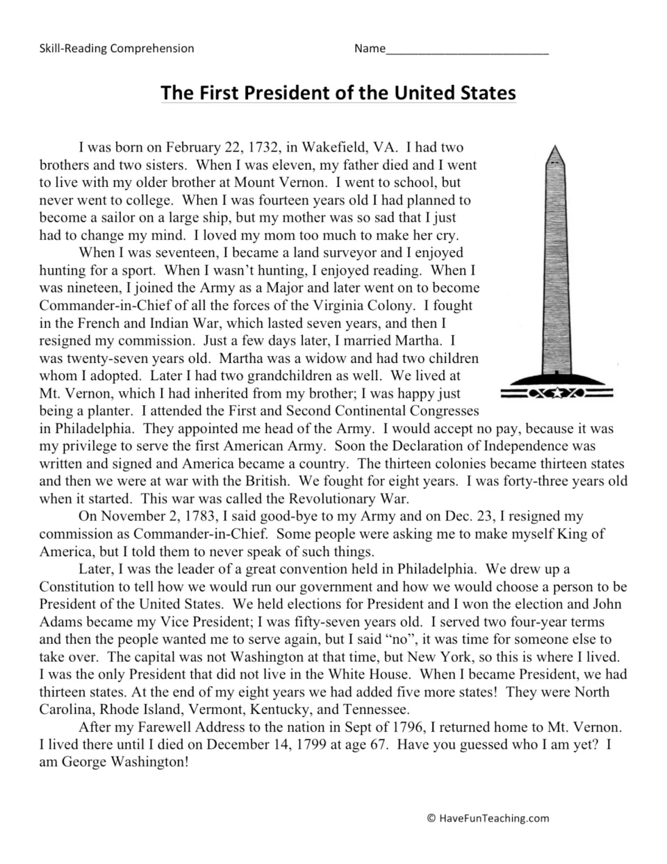 Reading passage narrated by George Washington about his childhood, military service, and presidency.