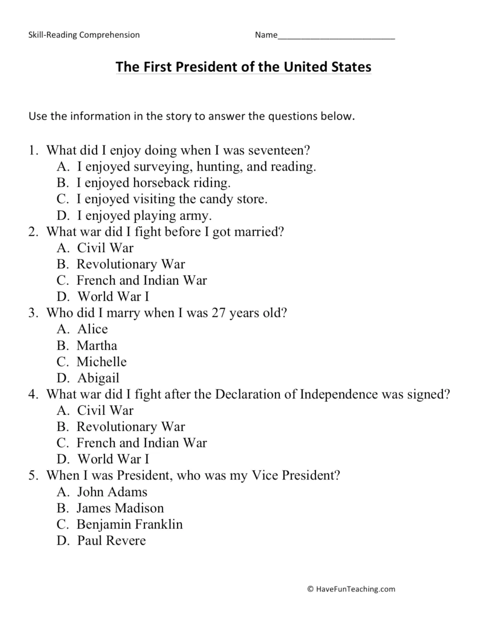 Five multiple-choice questions about George Washington's interests, wars, marriage, and vice president.