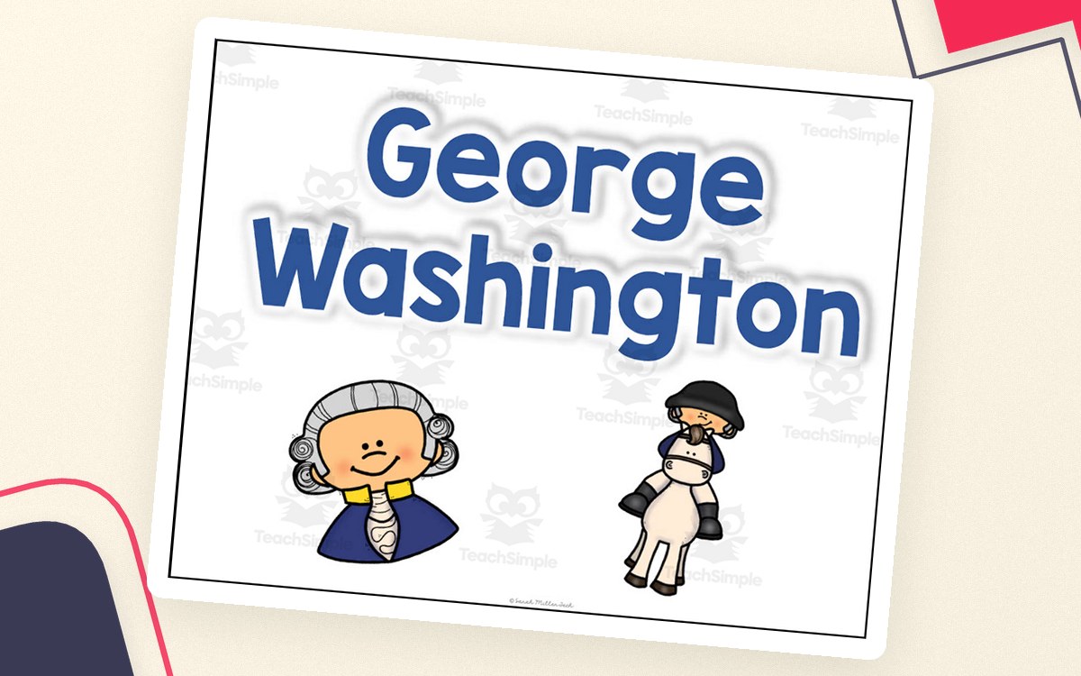 George Washington timeline cover with large title and two cartoon portraits of Washington.