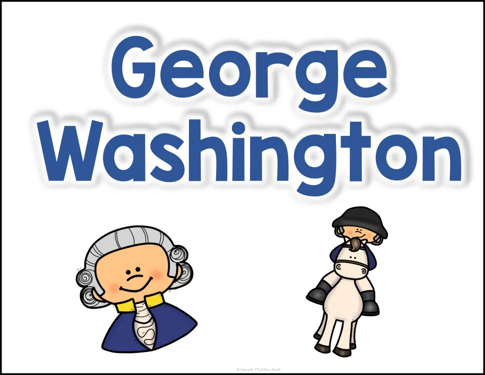 George Washington cover showing cartoon Washington in a powdered wig and Washington riding a white horse