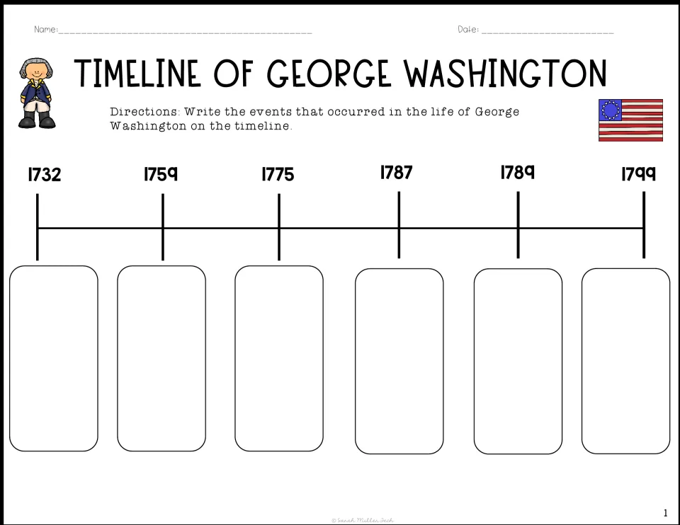 Washington's life timeline: students write the event for each year, 1732, 1759, 1775, 1787, 1789 and 1799, in sequence