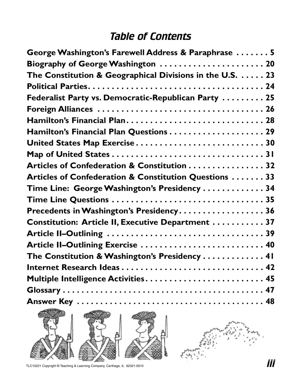 Contents page listing the address and paraphrase, biography, political parties, exercises, and answer key