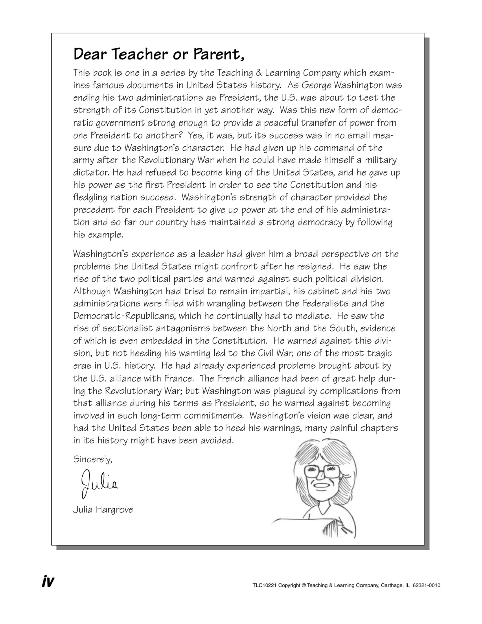 Teacher and parent introduction explaining Washington’s retirement and warnings about national division