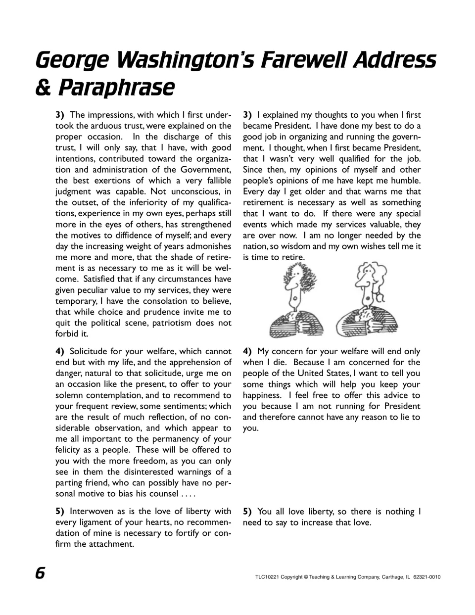 Address excerpts 3–5 and paraphrases cover Washington’s service, advice to citizens, and love of liberty