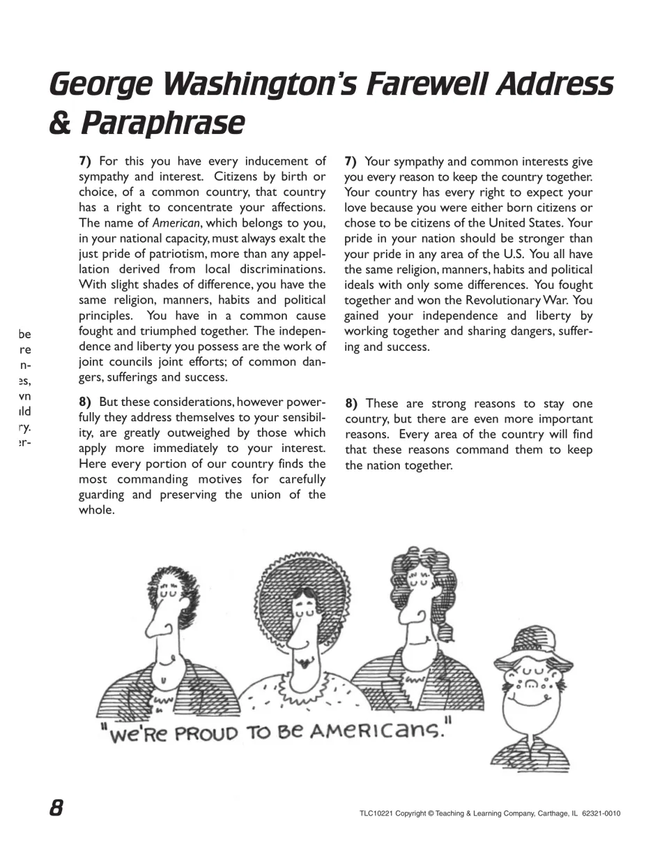 Address excerpts 7–8 and paraphrases connect shared citizenship and Revolutionary War efforts to unity