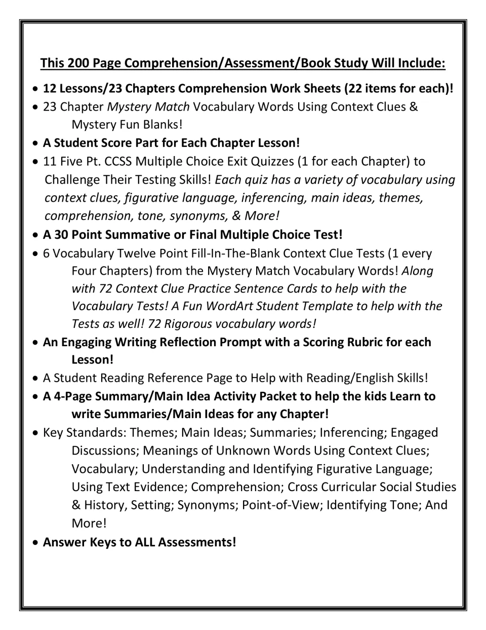 Unit contents list: chapter worksheets, exit quizzes, final test, vocabulary tests, summary packet and answer keys