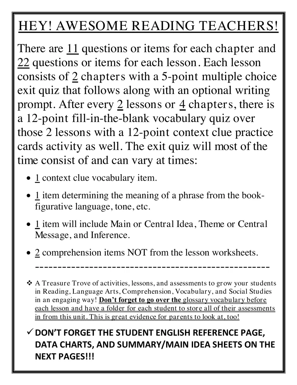 Teacher note on lesson structure: 11 items per chapter, 22 per lesson, 5-point exit quizzes, 12-point vocabulary quizzes