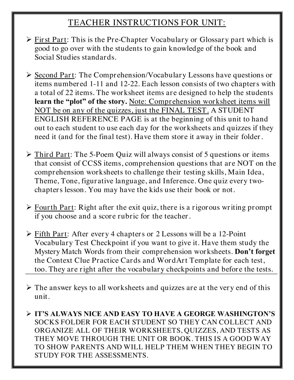 Teacher instructions in five parts: glossary, comprehension lessons, exit quiz, writing prompt and vocabulary checkpoints