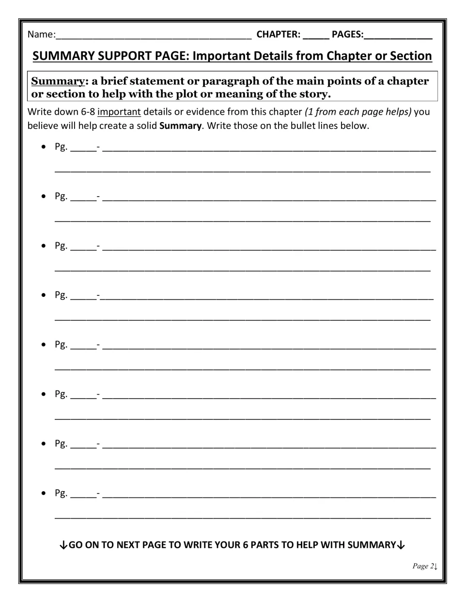 Summary support page: students list 6 to 8 key chapter details with page numbers to build a summary