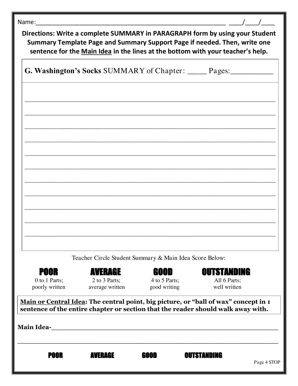 Chapter summary writing: students write a paragraph summary and a one-sentence main idea, scored poor to outstanding