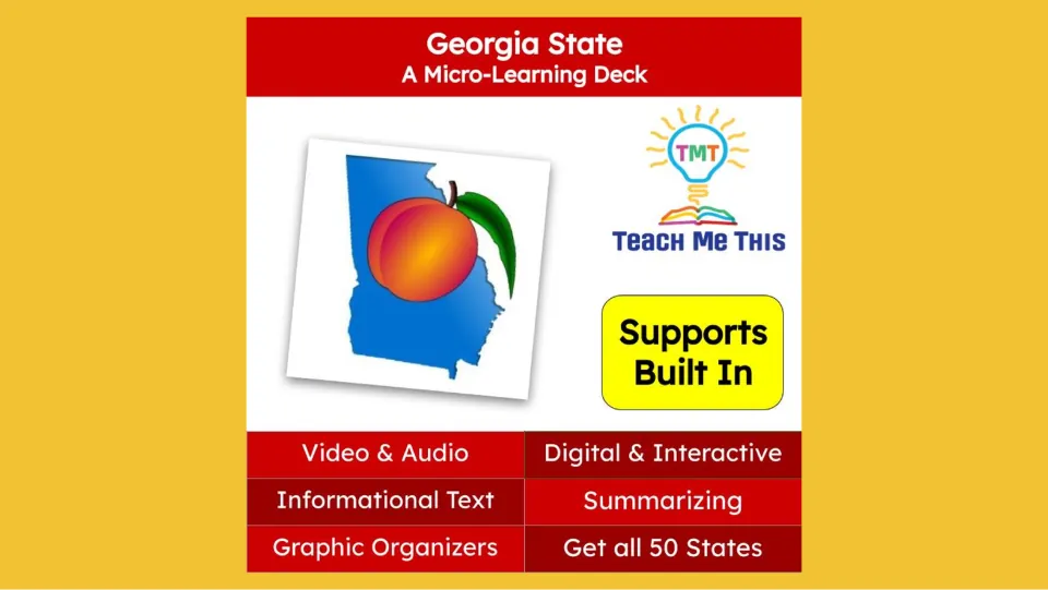 Cover of the Georgia micro-learning deck listing video, audio, informational text, and graphic organizers