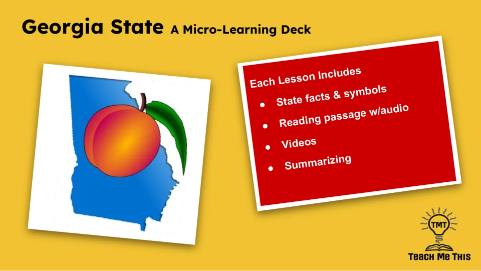 Lesson overview listing state facts and symbols, a reading passage with audio, videos, and summarizing