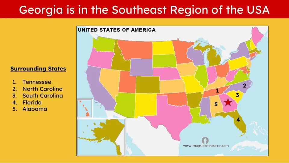 Geography slide locating Georgia on a U.S. map and naming Tennessee, North Carolina, and three other neighbors