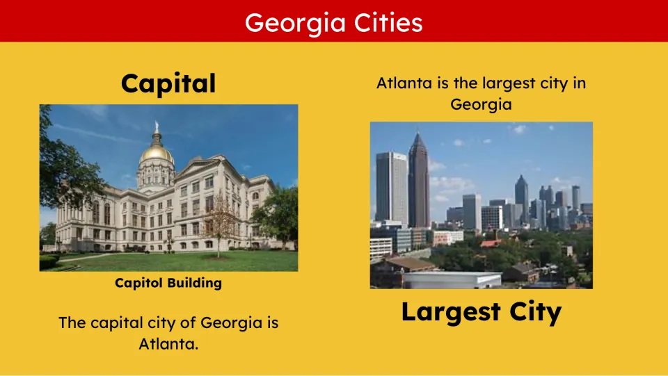 Cities slide identifying Atlanta as Georgia's capital and largest city, with capitol and skyline photos