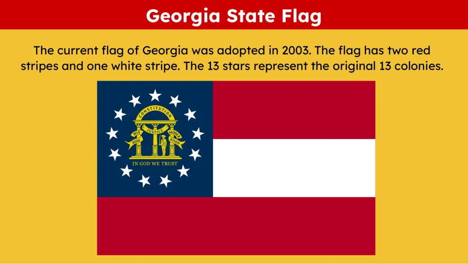 State flag slide showing Georgia's flag and explaining its 2003 adoption, three stripes, and 13 stars