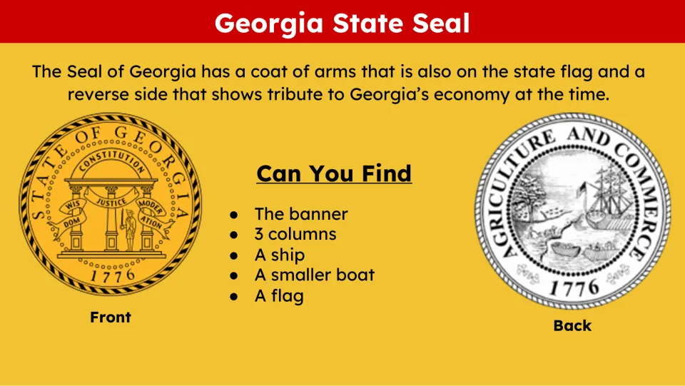 State seal slide showing both sides and asking students to find a banner, three columns, boats, and a flag