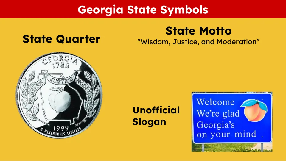 State symbols slide featuring Georgia's quarter, the motto 'Wisdom, Justice, and Moderation,' and a slogan