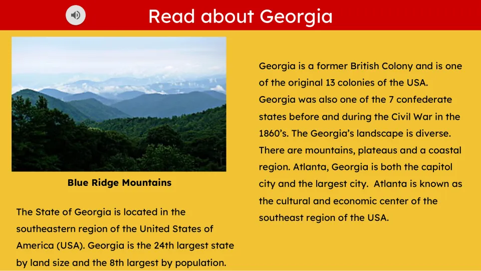 Reading slide about Georgia's location, size, history, landscape, and Atlanta, with a Blue Ridge Mountains photo