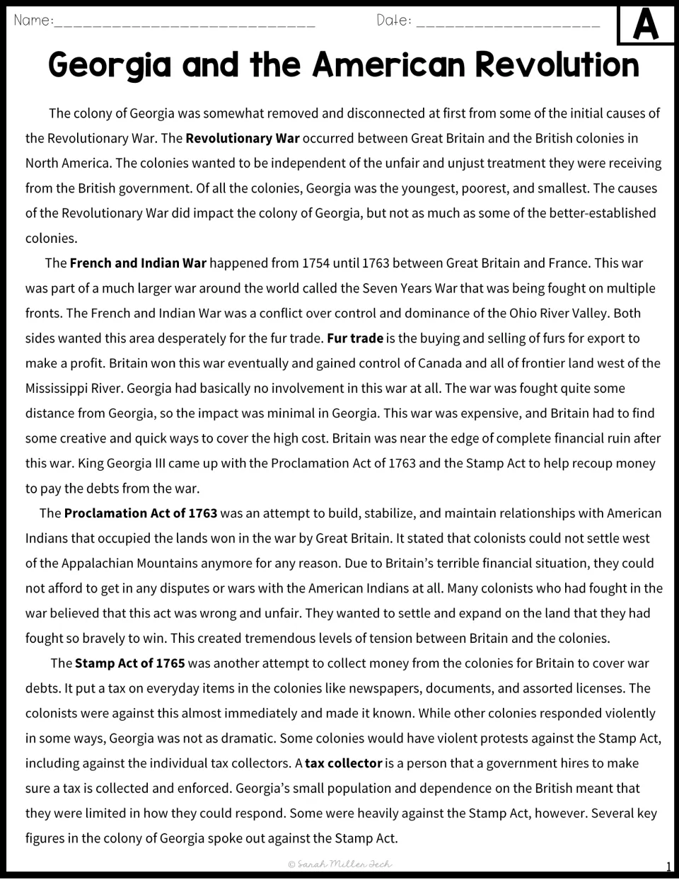 Passage A explains Georgia’s response to the French and Indian War, Proclamation of 1763, and Stamp Act.