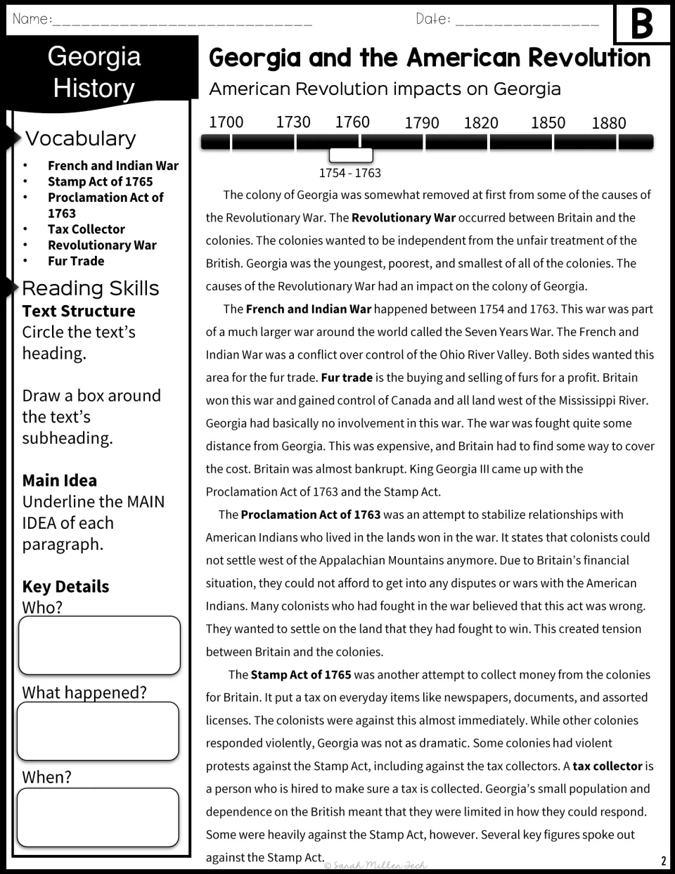 Passage B covers Georgia’s response to British policies, with vocabulary and main idea annotation tasks.