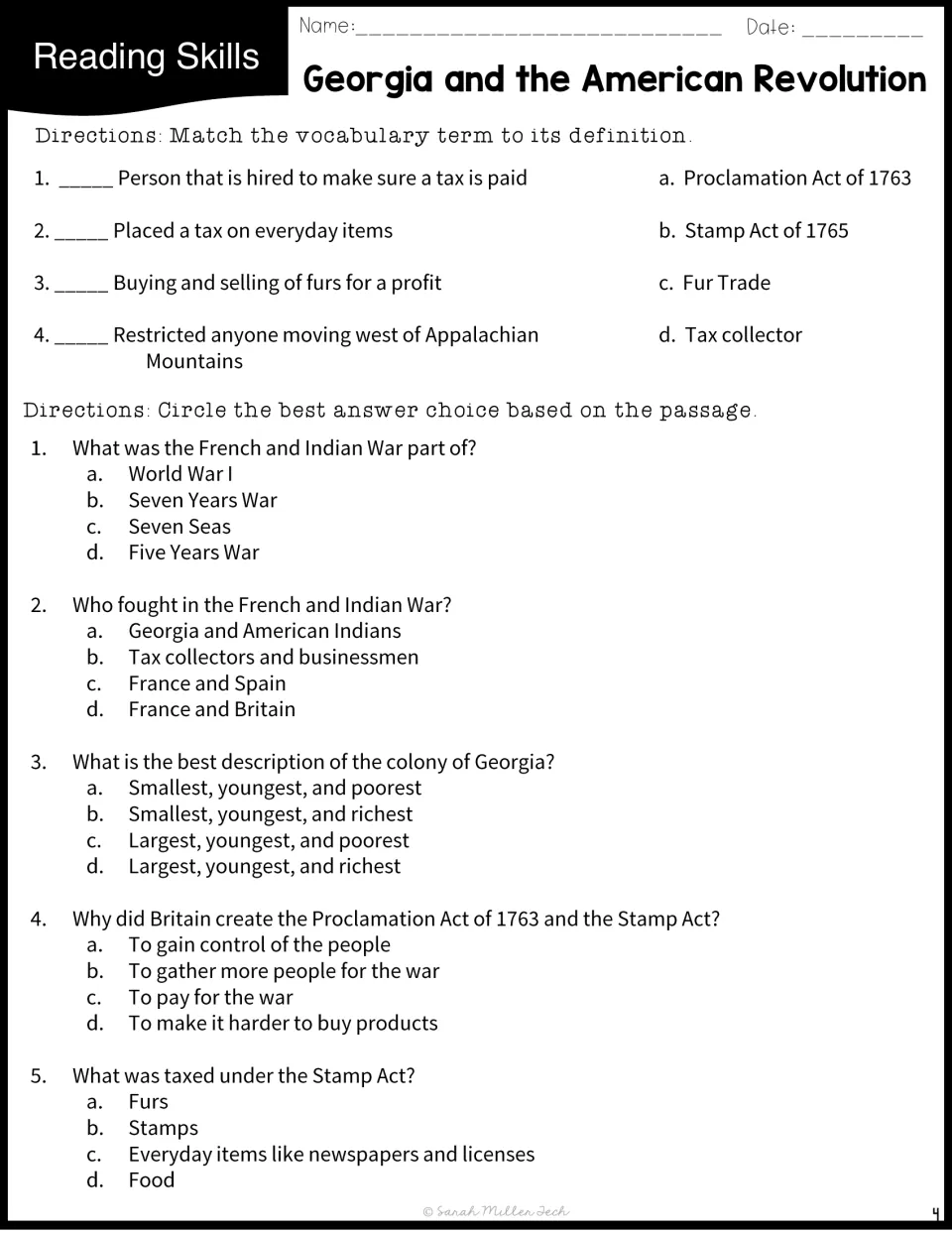 Vocabulary matching covers four terms; questions 1–5 review the French and Indian War, Georgia, and taxes.